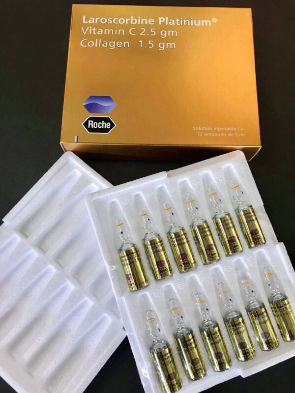 A box of Laroscorbine Platinum Injection by Roche, a skin whitening product.