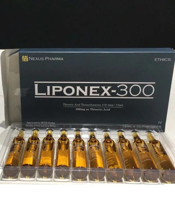 A box of LIPONEX-300 vials and ampoules on a white background